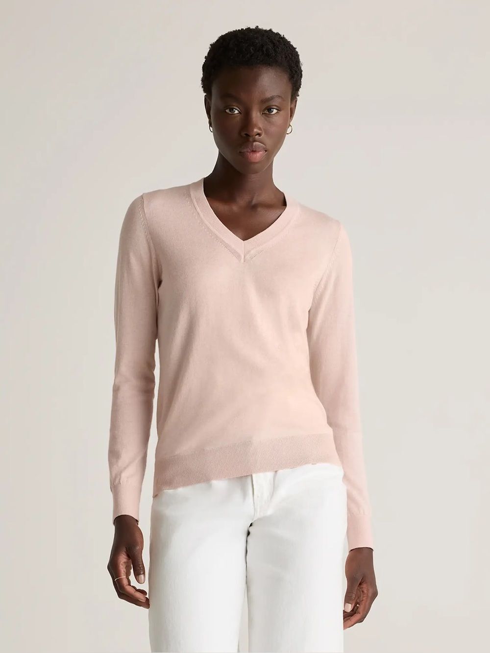 Quince Sugar Stone Lightweight Cotton Cashmere V-Neck Sweater Sz M Quiet Luxury
